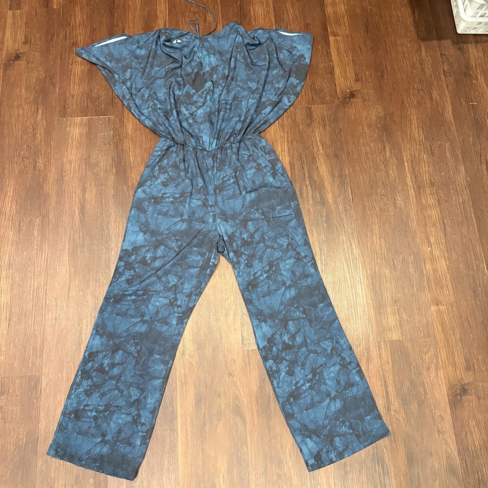 Indie Sleaze Halston Blue Marble Tie Dye Dolman Cape Sleeve Wide Leg Jumpsuit XS